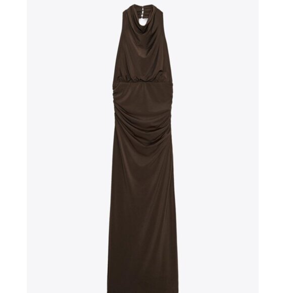 Zara Long Open Back Halter Dress Dark Brown XS - Picture 1 of 8